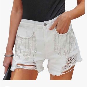 Women Mid Rise Ripped Stretchy Jeans Frayed Raw Hem Casual Tassels Denim Shorts